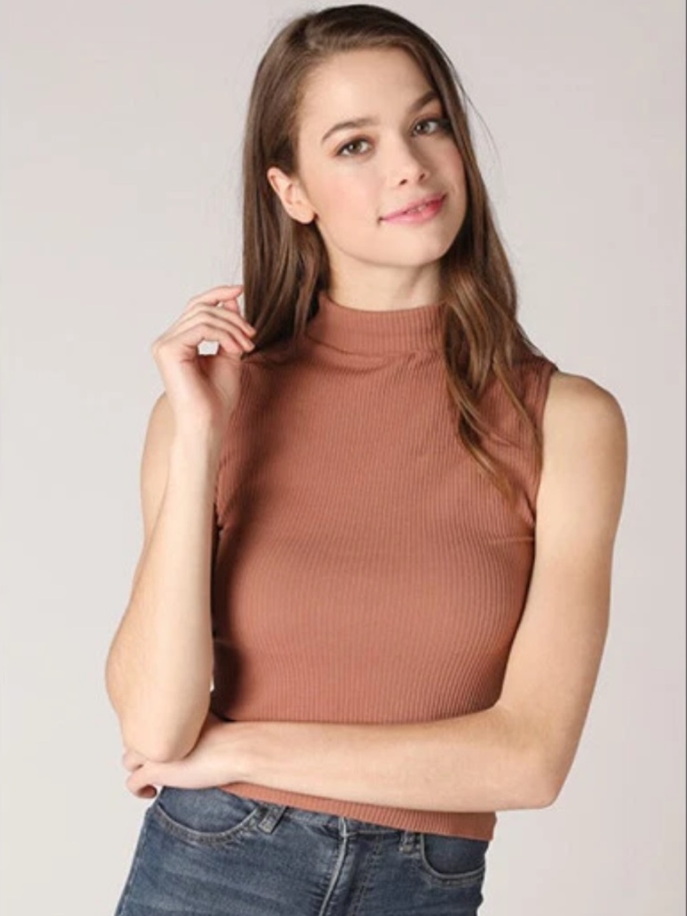 RACHEL ZOE Acorn Rust Brown Rib Knit Sleeveless Mock Turtleneck S Small EUC $39